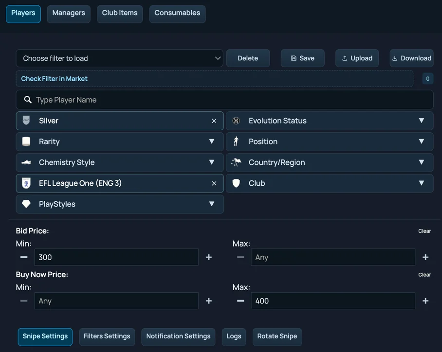 KA Sniping search filters