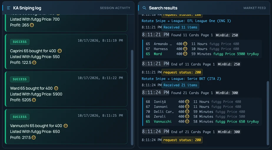 KA Sniping trade log and market feed