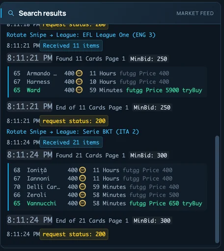 Rotate Snipe switching leagues in the market feed