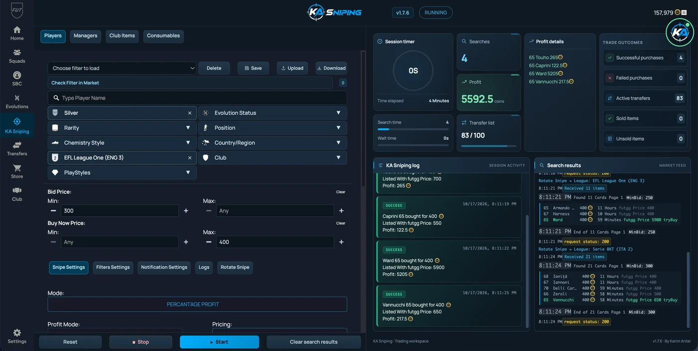 KA Sniping trading workspace
